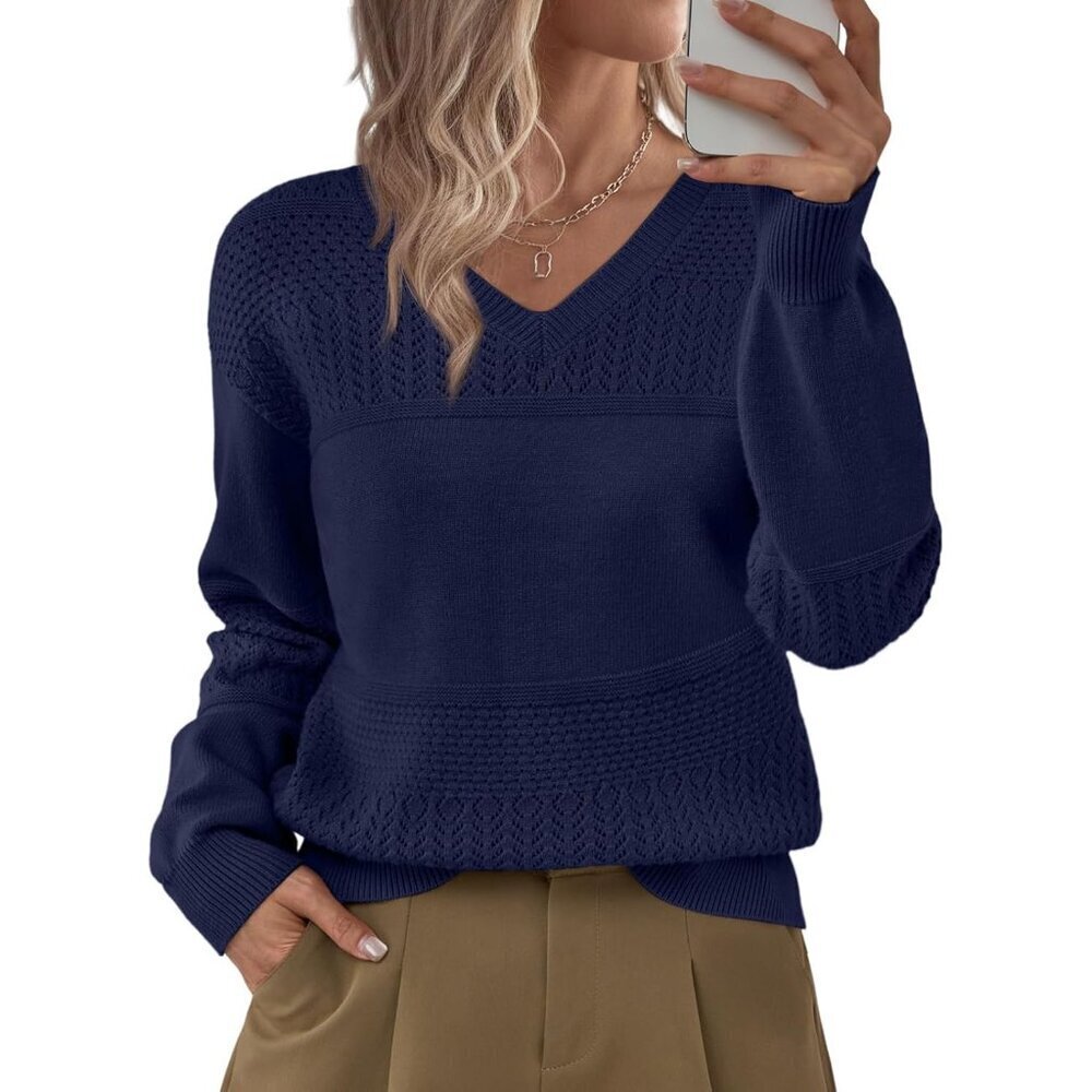 Women's V Neck Sweater Casual Long Sleeve Crochet Knit Pullover